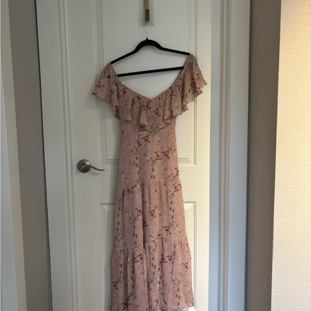 Pink Off-Shoulder Ruffled Maxi Dress for Weddings